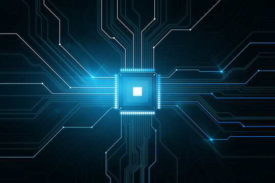 Creative glowing chip circuit hologram on dark background. CPU and metaverse concept. 3D Rendering.