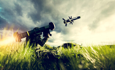Soldier firing anti-tank missile at war