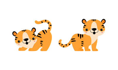 Cute Little Striped Tiger Cub with Orange Fur Playing and Standing Vector Set