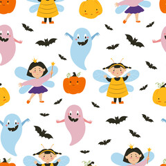 Halloween ghosts. Children in Halloween costumes, pumpkins and bats. Flat illustration. Vector seamless pattern.