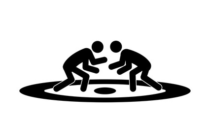 Stick figure wrestlers in the rack, flat vector illustration.