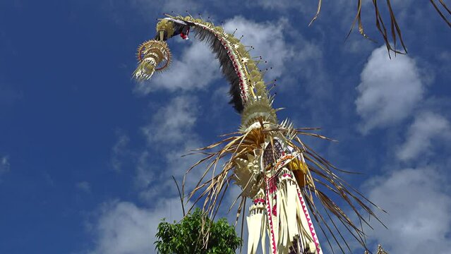 Bamboo pole decorated with coconut leafs and offerings at the end (Penjor), put for the main balinese ceremonies