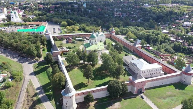 Bird's eye view of Zaraysk Kremlin. St. Nicholas Cathedral and Church of the beheading of St John the Baptist visible from above.