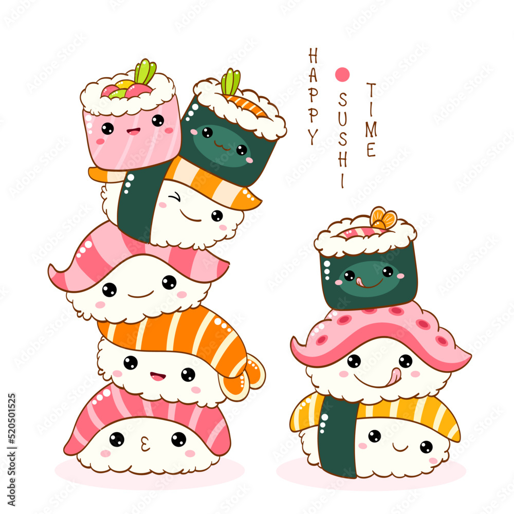 Wall mural Stack of cute sushi and rolls in kawaii style with smiling faces. Japanese traditional cuisine dishes. Can be used for t-shirt print, sticker, greeting card, menu design. Vector illustration EPS8  