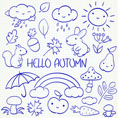 Hello autumn. Kids collection of doodle elements - animal, rainbow, cloud, sun, mushroom, carrot, umbrella. Set of sketches in hand drawn style. Vector illustration EPS8