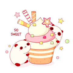 Cute animals in kawaii style. Two funny fat pandas with cupcake. Inscription So sweet. Can be used for t-shirt print, stickers, greeting card design. Vector illustration EPS8