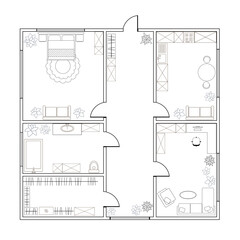 Abstract plan of two-bedroom apartment, with kitchen, bathroom, bedroom, living room. Vector illustration EPS8
