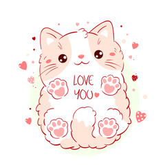 Cute Valentine card in kawaii style. Lovely cat with pink hearts. Inscription Love you. Can be used for t-shirt print, stickers, greeting card design. Vector illustration EPS8