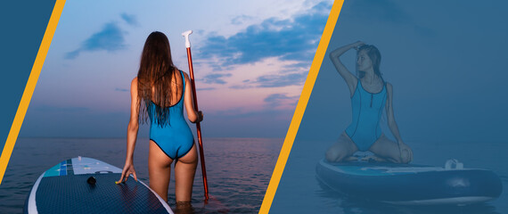 Summer sport web banner. Young fit woman in blue swimsuit posing with a sup board and paddle. Ocean...