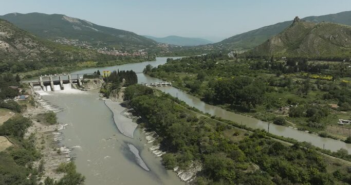 Aerial Panorama Of Zemo Avchala Dam In Kura River In Tbilisi, Georgia. - Drone Shot