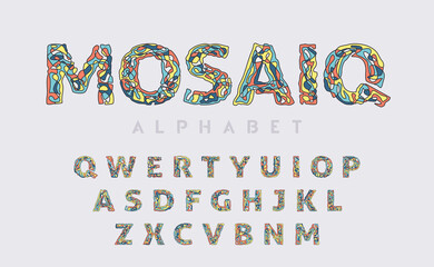 Decorative joy alphabet, mosaic style letters set. Vector illustration.