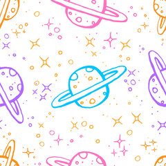 Colorful planets seamless pattern illustration on white
