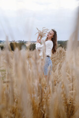 Woman walking on wheat golden field holding heap of rye. Fashionable Female Touching wheatear outdoors in the evening. Female natural beauty 