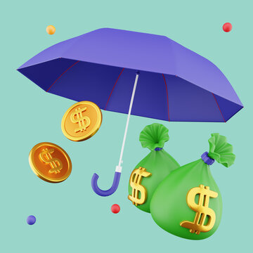 3D rendering Bag of coins and banknotes under an umbrella and shield protection from danfer. Secure investment, insurance. 3D illustration