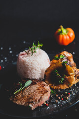 Meat, pork, steak, dinner, lunch, nature, health, delicious, red, dark, pepper, grain, restaurant, bar, bistro, food photography, lifestyle