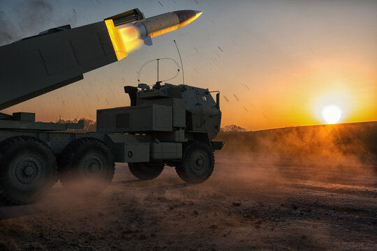 Lockheed Martin M142 High Mobility Artillery Rocket System (Himars) Firing the short-range ballistic missile MGM-140 (M57) ATACMS