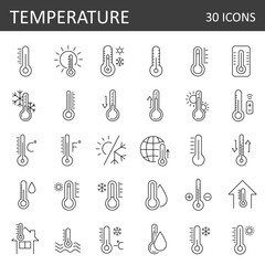 Temperature Symbol Set of 30 outline icons. Temperature Scale Symbol. Warm cold Symbol. vector thermometer showing the temperature - obrazy, fototapety, plakaty