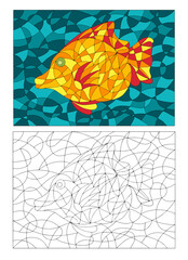 Black and White and Colored Illustration in stained glass style with abstract Fish. Image for Coloring Book, Coloring Page, Print, Batik and Window.