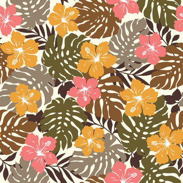 Beautiful tropical flower and plant seamless pattern,