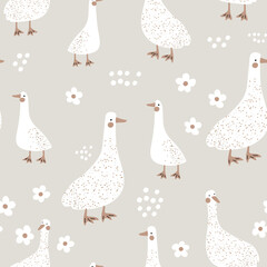 Seamless childish pattern with cute gooses on the meadow. Kids pastel texture with funny ducks. Vector illustration - 520505985