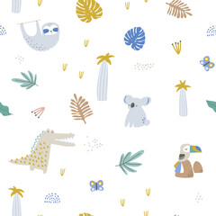 Seamless childish jungle pattern with aligator, koala, crocodile, , sloth, tocan, and jungle florals. Perfect for fabric,textile. Creative kids Vector background © solodkayamari