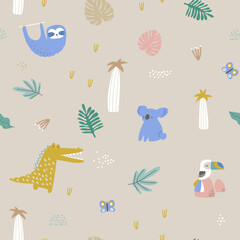 Seamless childish jungle pattern with aligator, koala, crocodile, , sloth, tocan, and jungle florals. Perfect for fabric,textile. Creative kids Vector background