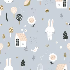 Foto op Canvas Seamless childish pattern with cute bunny character, house, star, flower,moon. Vector kids texture for digital paper, fabric, textile. © solodkayamari