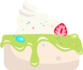 Cake with whipped cream and strawberry semi flat color vector object. Tasty dessert. Full sized item on white. Confectionery simple cartoon style illustration for web graphic design and animation