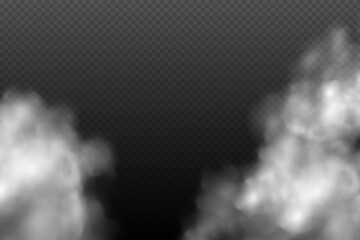 Set of white vector cloudiness ,fog or smoke on dark checkered background.Set of Cloudy sky or smog over the city.Vector illustration.