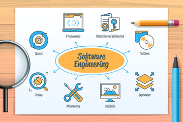 Software engineering chart with icons and keywords
