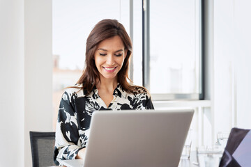 Smiling businesswoman working on a laptop in a modern office