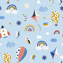 Childish seamless pattern with hot air ballon, rocket, kite, stars in the sky. Cute cartoon background. Perfect for fabric, textile, wrapping.Vector Illustration - 520506565