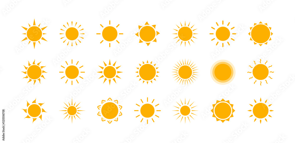 Poster sun icon set. vector collection of sun stars for use in as logo or weather icon. vector flat design.