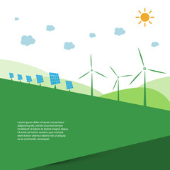 Sustainable Resources, Renewable, Reusable Green Energy Concept with Solar Panels and Wind Turbines - Alternative Power Generation Methods Concept Design - Illustration in Editable Vector Format