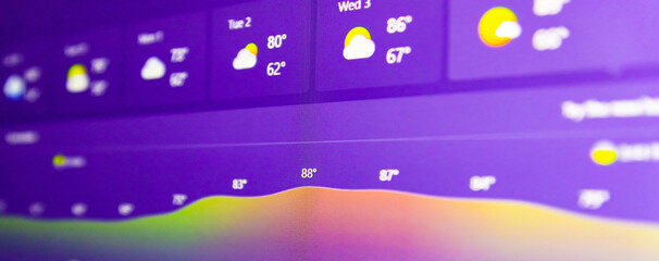 Weather forecast interface on a digital display showing hot weather for the next days.Selective...