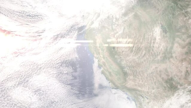 Earth zoom in from outer space to city. Zooming on Santa Rosa, California, USA. The animation continues by zoom out through clouds and atmosphere into space. Images from NASA