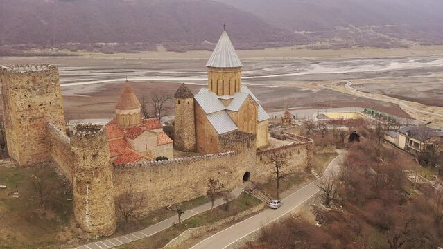 Aerial view of the medieval fortess of of Ananuri, located between the Zhinvali reservoir and the Georgian Military Road. 