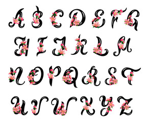 Hand drawn capital letters with pink spring flowers. Latin alphabet letters.Vector illustration isolated on white background.