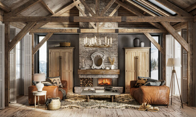 Fototapeta premium Beautiful interior of a living room in winter cottage. Digitally generated image of luxurious living room in modern style with sofas by the fireplace in the log house.