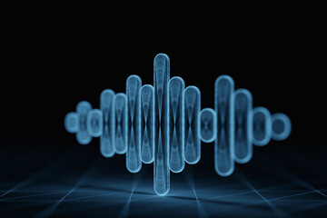 3d illustration of  design colorful abstract digital sound wave on a black background. Voice recognition, equalizer, audio recorder. Microphone button with sound wave. Symbol of intelligent technology