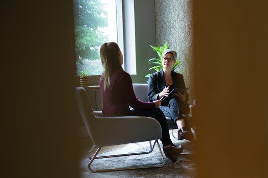 Female coworkers discussing in meeting at office