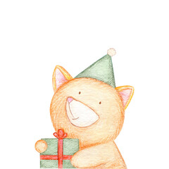 Little fox in a green cap with present. Happy Birthday watercolor card on white background