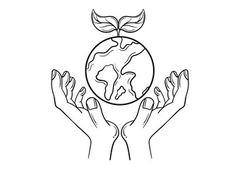 hand drawn illustration of a hand with a leaf and earth, with an environmental theme on a white background