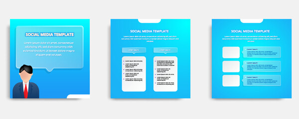 Social media informative post banner template layout design in blue background, glassmorphism style with transparent glass frame bubble message speech chat dialog