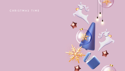 Happy New Year banner with minimal Christmas trees, deer and glass ball with snowflake and light bulbs. 3D design.