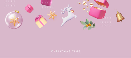 Happy New Year banner with deer and glass ball with snowflake, gift boxes, bells and snowflakes. 3D design.