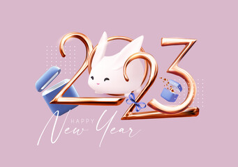 Happy New 2023 Year! Golden text with gift boxes and rabbit.