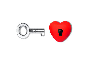 Heart shape with keyhole and skeleton key on white