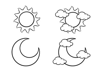 collection of hand drawn moon and sun with clouds and without clouds