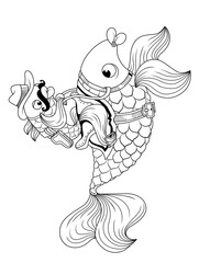 Rider. Undersea world. Outline drawing of a cartoon character. Fish mounted on horseback. Character in the image of a cowboy. In a hat and with a pistol. 
